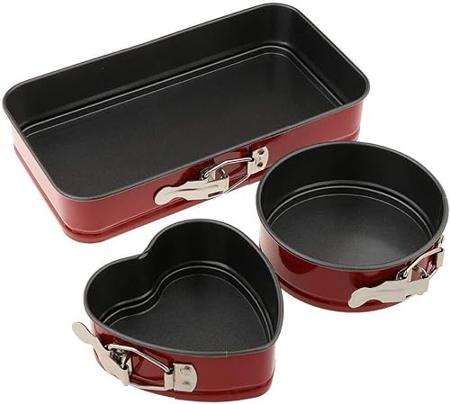 Set of 3 Non Stick Bakeware Set Cake Tins Set, Leakproof Springform Baking Tray, Heart Round Square Bake Tray, Kitchen Craft Baking Supplies (Red)