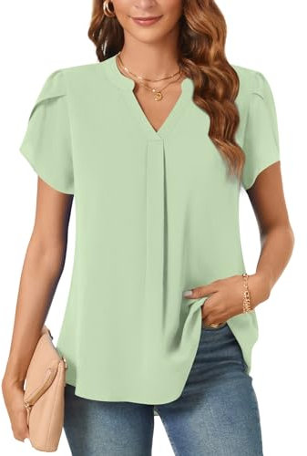 Aodemo Women's Summer Chiffon V Neck Blouses Tulip Short Sleeves Dressy Tunic Office Tops Casual Loose T-Shirts L, Matcha Green