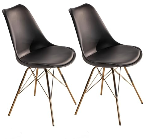 Wohnling Esszimmerstuhl 2er Set Schwarz Küchenstuhl Kunststoff mit goldenen Beinen, Schalenstuhl Skandinavisches Design, Polsterstuhl mit Kunstleder-Bezug, Stuhl Gepolstert