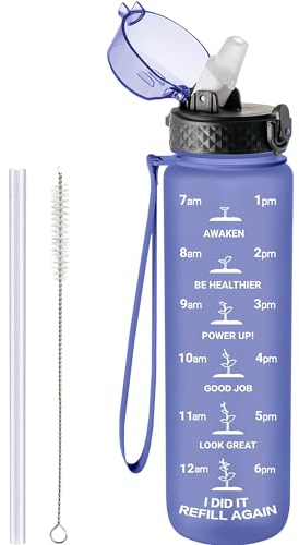 GOPPUS Botella de agua Tritan de 1000 ml con pajita, 1 litro, a prueba de fugas, con medidas, botellas deportivas con tapa abatible con cerradura, botellas motivacionales con marcas de tiempo para la