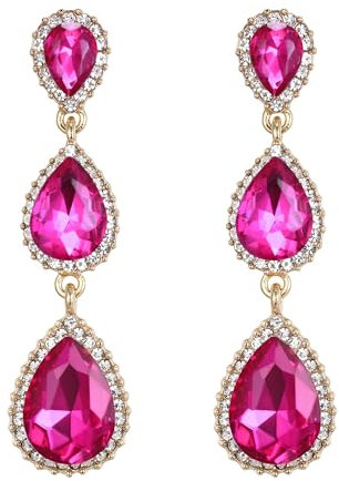 Clearine Women's Gorgeous Teardrop Crystal Long Drop Dangle Pierced Costume Earrings for Wedding Party Prom Hot Pink Gold-Tone
