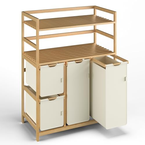 iEGrow Wäschesammler 4 Fächer 150L, Wäschekorb 4 Fächer 2 Regale, Bambus Wäschewagen mit Ablage für Schmutzwäsche, Push-Pull Wäschesack aus Oxford-Gewebe, 2 x 50 L, 2 x 25L Wäschebox Beige