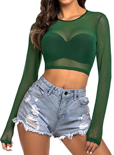 Avidlove Women's Crop Tops Slim Fit Long Sleeve T Shirt Basic Top Casual Shirts Y2K Tight Blouse Fashion Clothing Summer Party Club UK Green XL