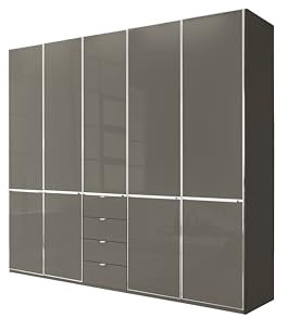 WIEMANN Drehtürenschrank mit 4 Schubkästen hochwertiger Kleiderschrank Schlafzimmerschrank 250cm breit, mit Schubladen, Glas Havanna, Höhe 216cm, Shanghai