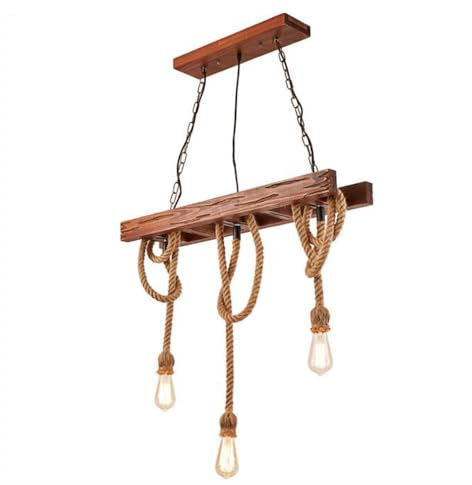 Retro Pendelleuchte Vintage Holz Hängelampe 3 Flammige Esszimmerlampe Hanfseil Pendellampe Leiter Form Industrial Design Höhenverstellbar E27 Rustikal Hängeleuchte Für Restaurant Wohnzimmer Café
