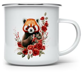 MAXIKIWI - Durable Enamel Coffee or Tea Camping Mug for Indoor Outdoor Use - Boho Red Panda - 350ml