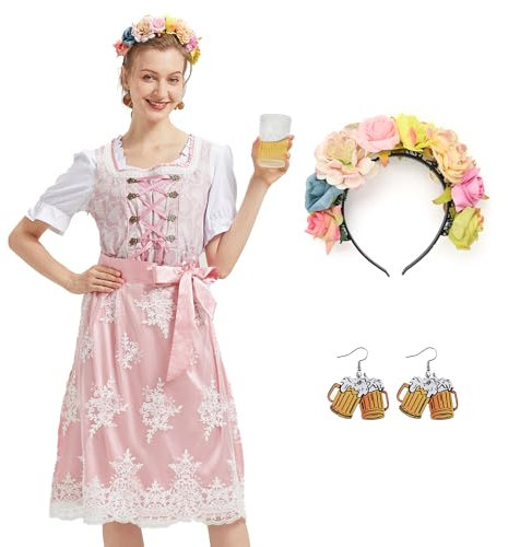 Ezuwail 5 pezzi Dirndl da donna in rosa, Dirndl, abito corto da Oktoberfest, Dirndl a buon mercato, abito da donna composto da camicetta, abito, grembiule, orecchini e ghirlanda di fiori, Colore: