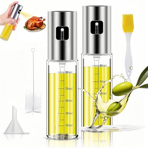 FHISKUNYU 2er Set Edelstahl Ölsprüher für Speiseöl, Essig, Olivenöl Spray und Airfryer Öl Spray mit UV-Schutz Glas, Öl Sprühflasche für Salat, Grillen, Backen
