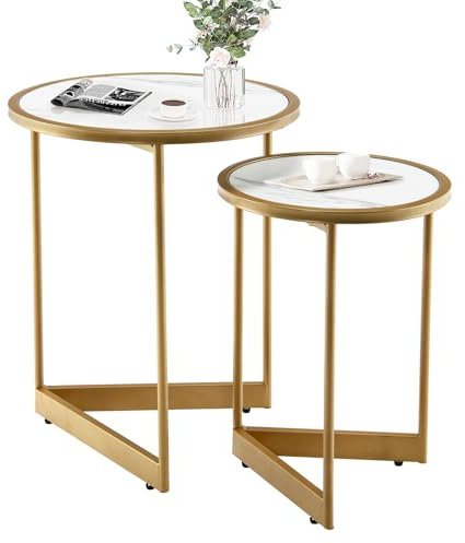 GIANTEX Set mit 2 Beistelltischen, stapelbar, Tischplatte mit Marmoreffekt, dreieckige Basis aus Metall, runde Couchtische für Wohnzimmer, Schlafzimmer, Weiß + Gold