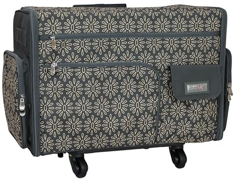 Everything Mary XL Flat-Top Rolling Sewing Machine Case – Tan Geo Craft Bag with Wheels – Portable Organizer for Sewing, Scrapbooking, Quilting & Craft Supplies