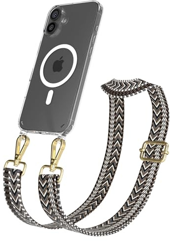 EAZY CASE Handykette - Verstellbares Taschenband kompatibel mit iPhone 16 Plus, Schulterriemen, Handykordel mit Silikon Hülle, Qi Charging kompatibel, Umhängetasche, Grau Schwarz Gold