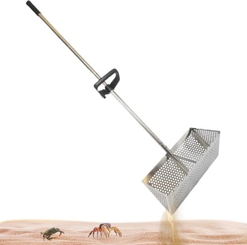 Rastrello delle pulci di sabbia, setaccio da spiaggia in acciaio inossidabile con cesto da dente di squalo da 15, 8 pollici, manico lungo staccabile rastrello per la spiaggia