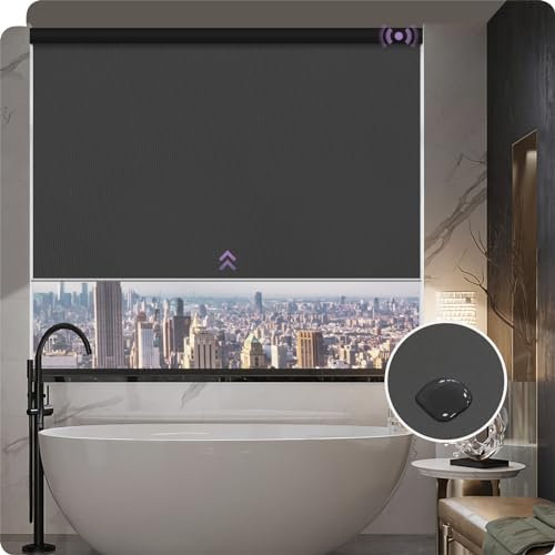 Smart Elektrischer Verdunkelungsrollo für Fenster, kompatibel mit Alexa und Google, anpassbar, wiederaufladbar, wasserdicht, motorisiert, mit Fernbedienung, Dunkelgrau