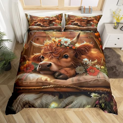 Homewish Niedliche Highland Kuh Bettbezug für Kinder Lustige Kuh Kalb Bettwäsche Set 135x200 Westliche Bauernhof Tier mit Daisy Blumen Tröster Abdeckung mit 1 Kissenbezug Bett Set
