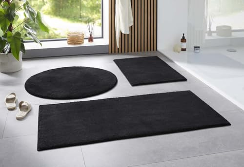 Taracarpet Badematte Uni Boho rutschfest, waschbar, Badezimmer-Teppich, Bad-Vorleger, WC Deko, Duschvorleger für Dusche und Badewannen weich und als Set kombinierbar New Schwarz 080 cm rund
