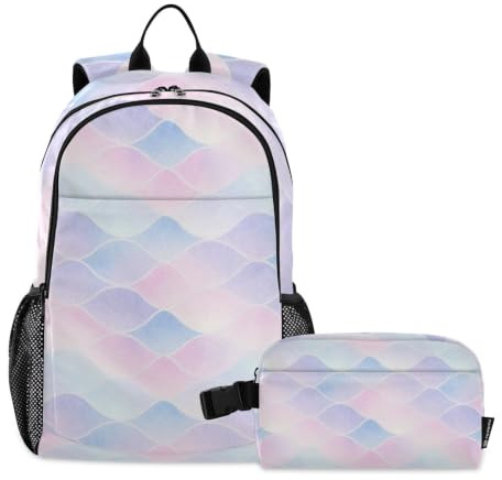 KLL Zaini per ragazzi con portapranzo a forma di squame di sirena glitterate, blu, viola, pastello