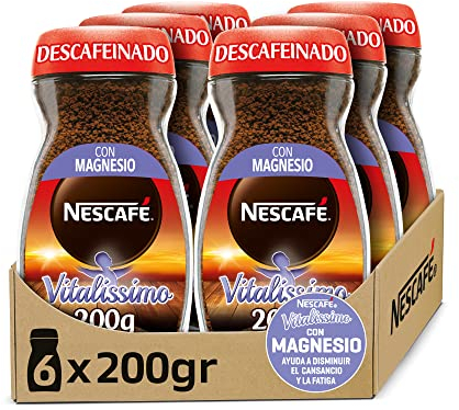 NESCAFÉ VITALISSIMO DESCAFEINADO con magnesio, café soluble descafeinado, frasco de vidrio, Pack de 6 x 200 g