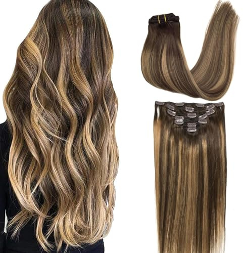GOO GOO Clip in Extensions Echthaar, Echthaar Extensions Clip, 55cm 120g 7pcs, Clip In Haarverlängerung, 4/27/4 Braun