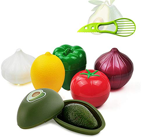 KeepingcooX - Juego de 6 protectores para alimentos (forma de verdura, cuchara, aguacate, pimienta, grano, limón, tomate, plástico duro, reutilizable, con cierre hermético y orificios de ventilación)