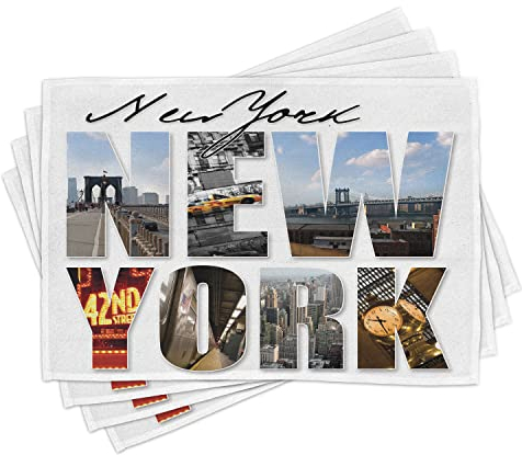 ABAKUHAUS New York Platzmatten, New York Collage, Waschbare Stoff Esszimmer Küche Tischdekorations Digitaldruck, Weiß Blau Grau