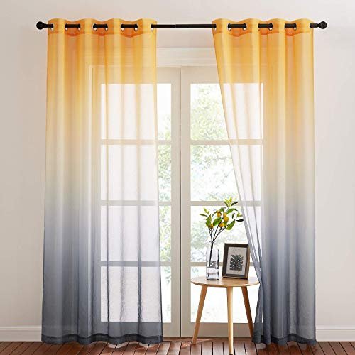NICETOWN Wohnzimmer Vorhang Farbverlauf Voile Gardinen Halbtransparent 2er Set H 245 x B 140 cm Kinderzimmer Leinenoptik Ösenvorhang Fenster Dekoration, Gelb+Grau