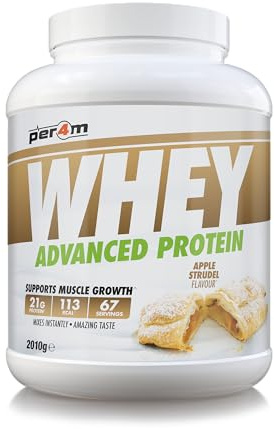 Per4m Whey Protein, Molkenprotein mit vollem Aminosäureprofil, unterstützt Muskelaufbau & Regeneration, reich an essentiellen Aminosäuren, für Sportler täglich nach dem Training – Apfelstrudel – 2010g