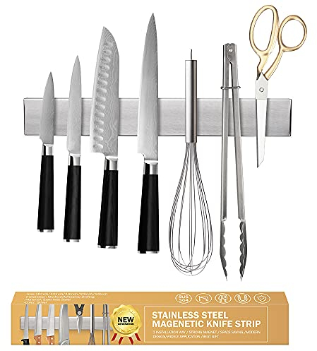 Ninonly Barre Magnétique pour Couteaux 25cm Porte Couteaux Aimanté, Barre à Couteaux Aimantée en Acier Inoxydable, Mural Support et Protège Doigts Kit pour Support Ustensiles de Cuisine et Outils