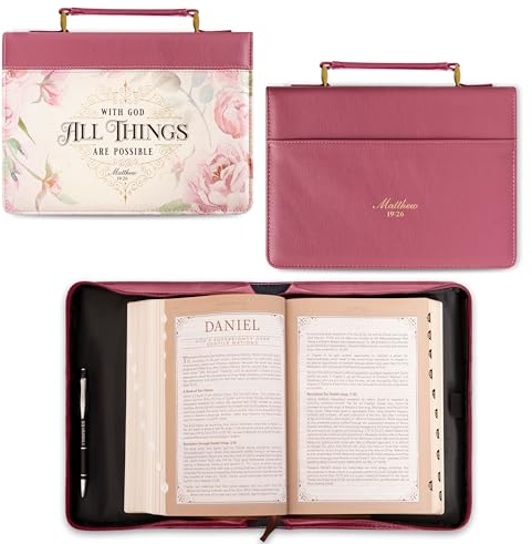 Christian Art Gifts Fashion Faux Leather Bible Cover for Women: with God All Things are Possible - Matthew 19:26 Inspirational Bible Verse Vintage Rose Case w/Pockets & Pen Loops, Dusty Pink, Large
