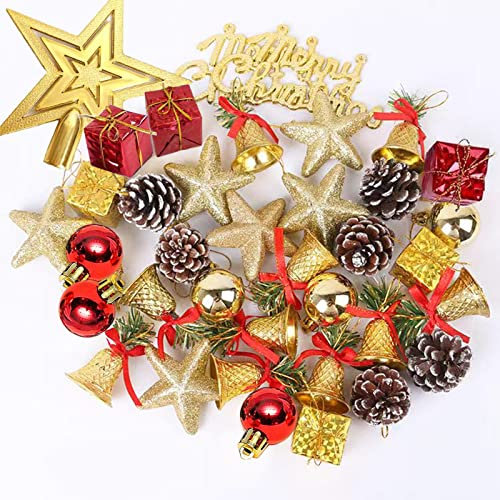 37 Stück Mini Weihnachtskugeln mit Aufhänger,Mini Weihnachtsbaum Dekorationsset,Weihnachtsbaumschmuck Rot Gold Baumkugeln Klingelglocken Kiefernzapfen SternWeihnachtsbaum Weihnachtsdeko