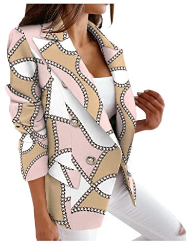 Blazers Femme Chic Élégant Imprimée à Double Boutonnage Manches Longues Veste De Costume Slim Fit Bureau Affaires Manteau Travail Ouvertes Devant Cardigan Blouson Jacket Décontractée, Rose #01, XL