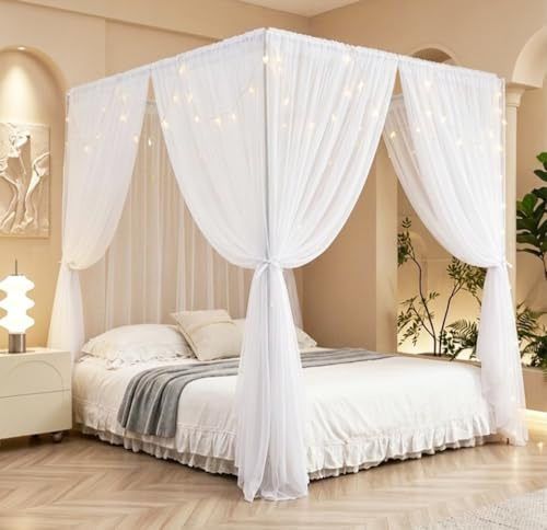 Akiky Prinzessinnen-Betthimmel-Vorhang-Set mit Sternenlicht, durchscheinender Vorhang für King-Size-Bett, 8 Paneele (King-Size, weiß)