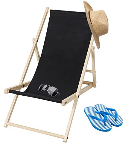 Randaco Holz Liegestuhl klappbar Gartenliege Strandliegestuhl Strandliege für den Garten, Terrasse und Balkon 120 kg max.(Schwarz)