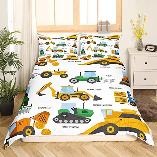 Cartoon-Design, Bettbezug für Schaufel, Bettwäsche, 140 x 200 cm, für Kinder, Jungen, Traktor, Raupen, Bettwäsche, Bettbezug für Fahrzeuge, LKW, Auto, mit 1 Kissenbezug