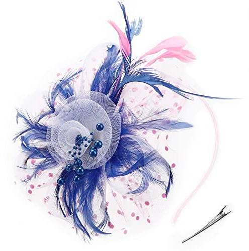DRESHOW Fascinators Hut Blume Mesh Bänder Federn auf einem Stirnband und Einem Geteilten Clip Cocktail Tea Party Headwear für Mädchen und Damen