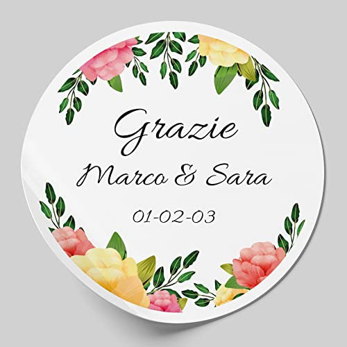 56 Etichette adesive personalizzate da 4 cm per matrimonio, compleanno, comunione, nascite, battesimie feste. Adesivi con testo personalizzabile (4 cm, Modello E)