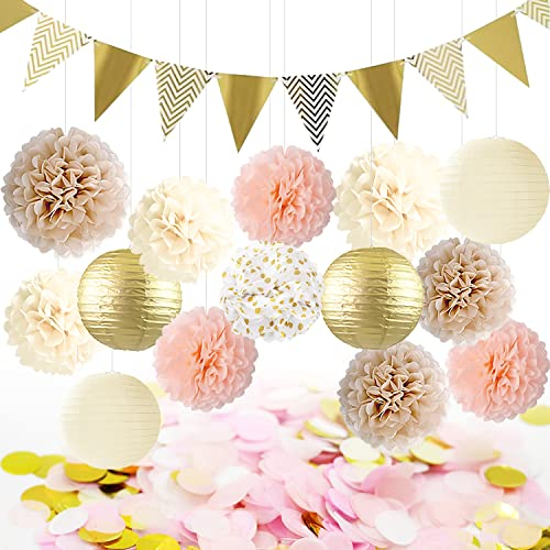 YBwanli deko hochzeit,Vintage-Hochzeitsdekoration,geburtstagsdeko ,papierlampion Pompons deko,verlobung deko,babyparty deko, Böhmische deko,beige deko,Süss Sanfte und elegante Parteidekoration