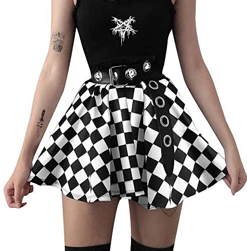 DINGJIUYAN Karierter Gothic-Rock mit Taillengürtel für Damen, plissiert, kariert, Punk, Grunge, Minirock, Emo Alt Kleidung, Einfarbig Schwarz mit Blet, M