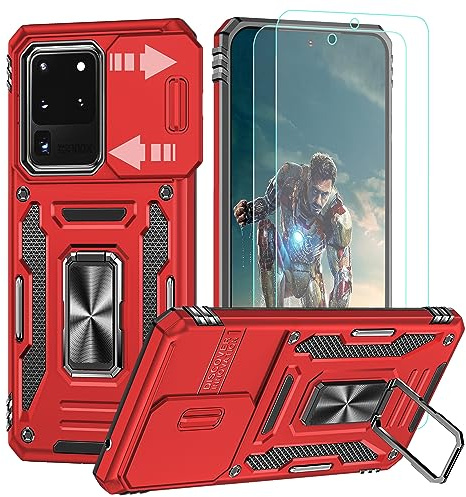 YmhxcY Hülle Für Samsung Galaxy S20 Ultra Hülle,*2 Displayschutzfolie,Slide Camera Cover, Militär Grade Schutzhülle, 360°Drehen Metallständer,Für Samsung Galaxy S20 Ultra Hülle-Rot