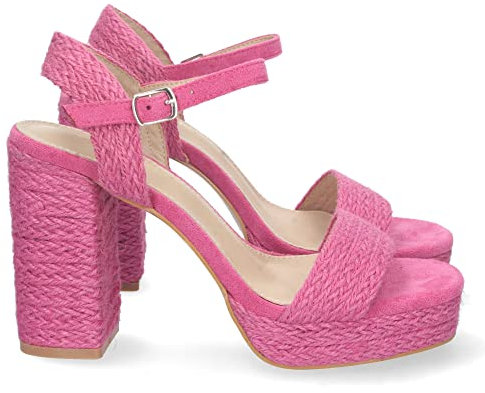 shoes&blues.es 74627 Sandalia de Tacon Alto para Mujer, Comodo, Forrado de Yute, Pala Fina, y Cierre de Hebilla Fucsia Talla 39