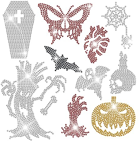 ORIGACH 10 Stück Halloween Strass Bügeln auf Transfers Aufnäher für Hemden Kristall Kürbis Schädel Fledermaus Applikation Abziehbild Glitter Kleidung Reparatur Dekoration für Kleidung Tasche Hosen