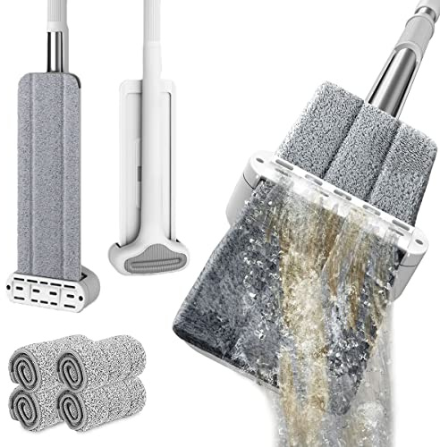 Microfibre Floor Mops 360° Rotatable Flat Hard Floor Cleaning Mops with 4 Mop Pads Self Wringing Washable Cleaner Set Wet Dry Dust Mop for Bathroom Kitchen Wall Floor