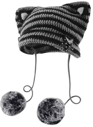 CUTeFiorino Polizei Mütze Frauen-Katzenohren-Mütze mit Bommeln, Stern-Accessoires, Goth-Häkelstrick-Slouchy-Schädelmützen, Alt-Kleidung Mütze Mit Ohrenklappen Damen (Dark Gray, One Size)