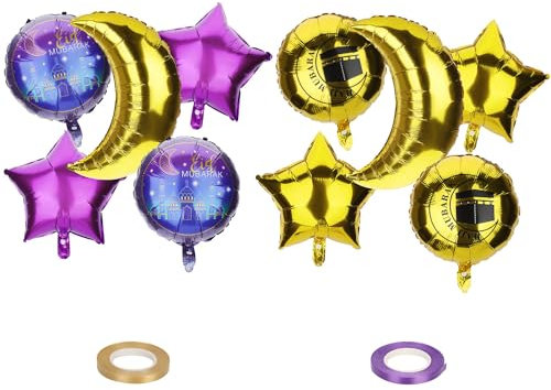 10 Stück Eid Mubarak-Luftballons, Stern und Mond Hajj Mubarak-Aluminiumfolienballon Lila und Gold al-Fitr Ramadan-Partydekorationen für Tafelaufsatz Foto-Requisite Heimdekoration