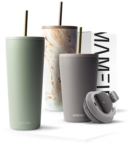 MAMEIDO Thermobecher mit Strohhalm 700ml, Trinkbecher mit Deckel und Strohhalm aus Edelstahl doppelwandig isoliert, auslaufsicher, Coffee to go Becher (Desert Sage, 0,7l)