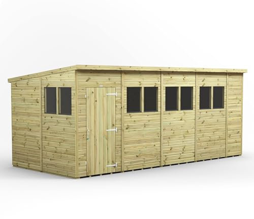 Powersheds High Grade Premium Pressure Treated Pent Shed Garden Wooden Shed with Heavy Duty Frame, Door & Window Flexibility made from Extra Thick Timber & Toughened Glass (18x8)