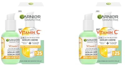 Garnier Serum-Crème gegen müde Haut und dunkle Flecken, 2in1 Tagespflege für mehr Glow und einen ebenmäßigen Teint, Mit Vitamin C, Skin Active, 50 ml (Packung mit 2)