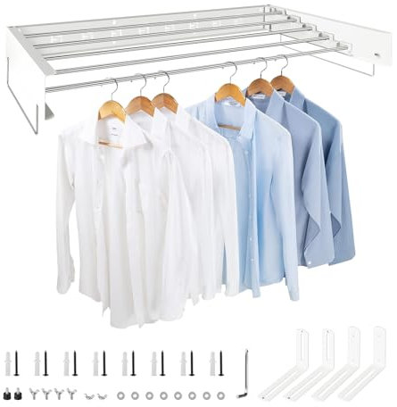 SWAWIS Étendoir Mural Pliable 80 * 40cm, Sechoir Linge en Acier Inoxydable avec Poignées, Capacité de Charge de 50KG, pour Balcon Intérieur, Peu Encombrant (Blanc)