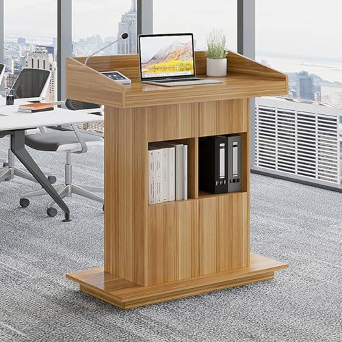 MZQMK Holz Rednerpult Hostess Stand Mit 2-Tier-Regale & Dual Kabellöcher, Stehpult Schreibtisch Für Konferenzraum, Schule, Kirchen, Auditorium, Klassenzimmer(Original Wood,80cm)