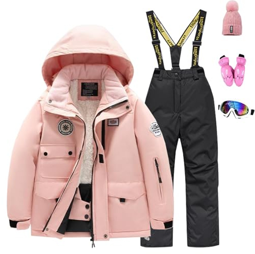 Amur Leopard Kinder Skianzug Set Winddichte Wasserdichte Schneeanzug 5tlg | Skijacke+Skihose+Hut+Handschuh+Skibrille für Jungen Mädchen