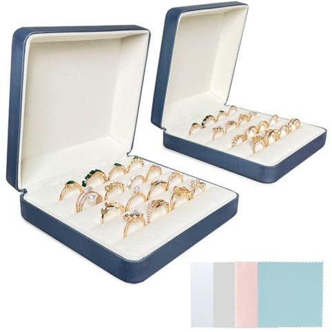 XingyLi 2 cajas organizadoras de anillos para joyas, caja de viaje para joyas con 4 paños plateados, pequeña caja organizadora para anillos, bandeja portátil para guardar anillos, caja de regalo